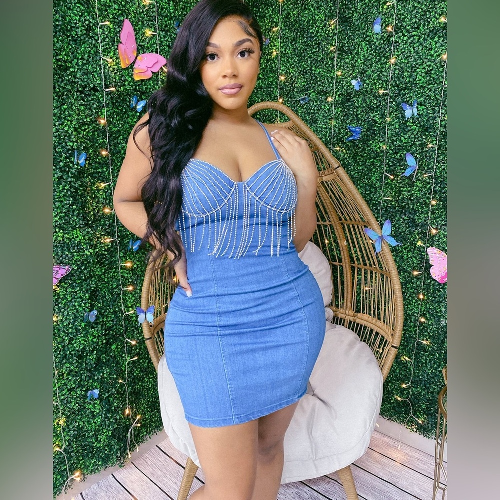Denim Rhinestone Fringe Mini Dress